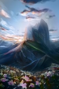 Preview wallpaper mountain, peak, flowers, landscape, art