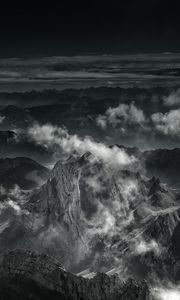 Preview wallpaper mountain, peak, fog, clouds, gloomy