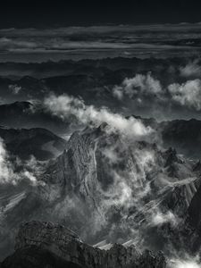 Preview wallpaper mountain, peak, fog, clouds, gloomy