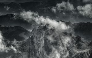 Preview wallpaper mountain, peak, fog, clouds, gloomy