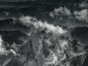 Preview wallpaper mountain, peak, fog, clouds, gloomy