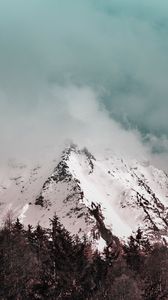 Preview wallpaper mountain, peak, fog, clouds, snowy, snow