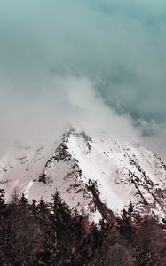 Preview wallpaper mountain, peak, fog, clouds, snowy, snow