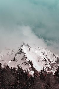 Preview wallpaper mountain, peak, fog, clouds, snowy, snow