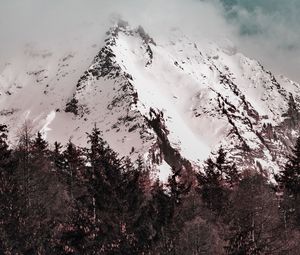 Preview wallpaper mountain, peak, fog, clouds, snowy, snow