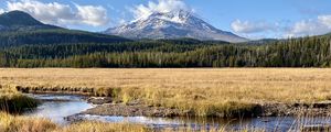 Preview wallpaper mountain, peak, forest, valley, grass, river, landscape