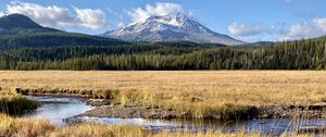 Preview wallpaper mountain, peak, forest, valley, grass, river, landscape