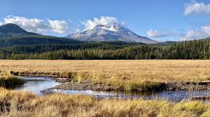 Preview wallpaper mountain, peak, forest, valley, grass, river, landscape