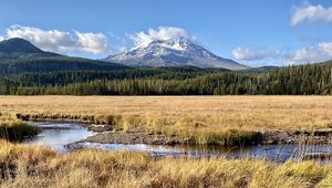 Preview wallpaper mountain, peak, forest, valley, grass, river, landscape