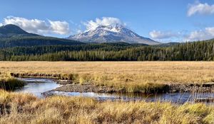 Preview wallpaper mountain, peak, forest, valley, grass, river, landscape