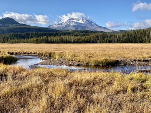 Preview wallpaper mountain, peak, forest, valley, grass, river, landscape