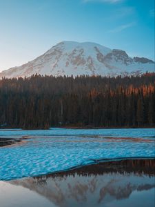 Preview wallpaper mountain, peak, forest, lake, ice