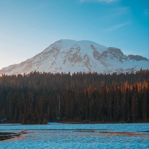 Preview wallpaper mountain, peak, forest, lake, ice