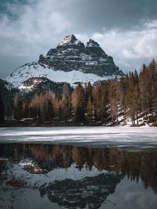 Preview wallpaper mountain, peak, forest, lake, reflection, nature