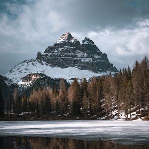 Preview wallpaper mountain, peak, forest, lake, reflection, nature