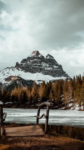 Preview wallpaper mountain, peak, forest, lake, snow, winter