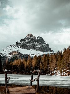 Preview wallpaper mountain, peak, forest, lake, snow, winter