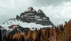 Preview wallpaper mountain, peak, forest, lake, snow, winter