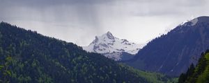 Preview wallpaper mountain, peak, forest, rain, landscape