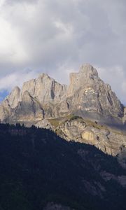 Preview wallpaper mountain, peak, forest, clouds, nature, landscape