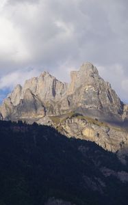 Preview wallpaper mountain, peak, forest, clouds, nature, landscape