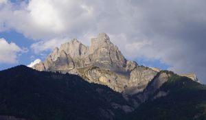 Preview wallpaper mountain, peak, forest, clouds, nature, landscape
