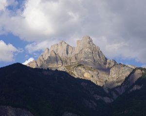 Preview wallpaper mountain, peak, forest, clouds, nature, landscape