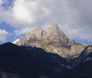 Preview wallpaper mountain, peak, forest, clouds, nature, landscape