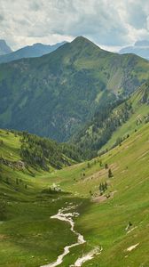 Preview wallpaper mountain, peak, grass, river, trees