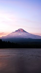 Preview wallpaper mountain, peak, lake, forest, dusk, landscape