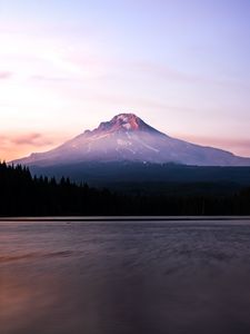 Preview wallpaper mountain, peak, lake, forest, dusk, landscape