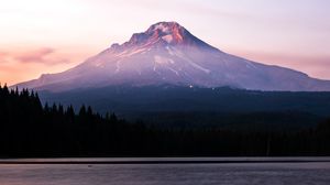 Preview wallpaper mountain, peak, lake, forest, dusk, landscape