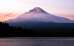 Preview wallpaper mountain, peak, lake, forest, dusk, landscape