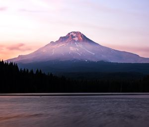 Preview wallpaper mountain, peak, lake, forest, dusk, landscape