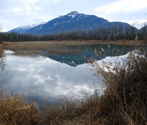 Preview wallpaper mountain, peak, lake, grass, nature