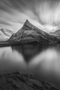 Preview wallpaper mountain, peak, lake, black and white, nature