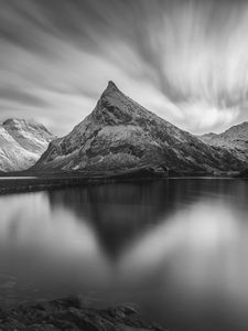 Preview wallpaper mountain, peak, lake, black and white, nature