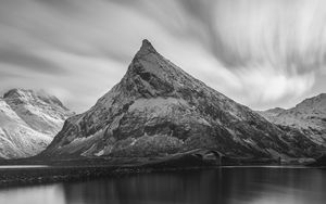 Preview wallpaper mountain, peak, lake, black and white, nature
