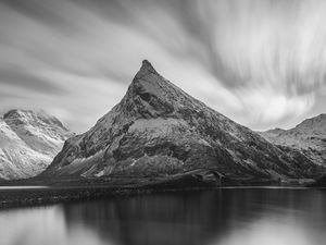 Preview wallpaper mountain, peak, lake, black and white, nature