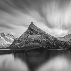 Preview wallpaper mountain, peak, lake, black and white, nature