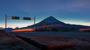 Preview wallpaper mountain, peak, long exposure, glow, road