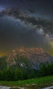 Preview wallpaper mountain, peak, milky way, road, night