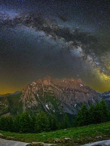 Preview wallpaper mountain, peak, milky way, road, night