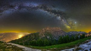 Preview wallpaper mountain, peak, milky way, road, night