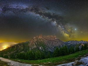 Preview wallpaper mountain, peak, milky way, road, night