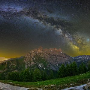 Preview wallpaper mountain, peak, milky way, road, night