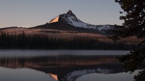 Preview wallpaper mountain, peak, reflection, lake, forest, landscape