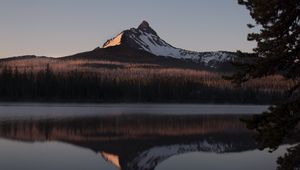 Preview wallpaper mountain, peak, reflection, lake, forest, landscape