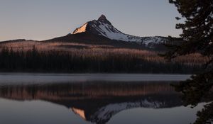 Preview wallpaper mountain, peak, reflection, lake, forest, landscape