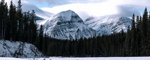 Preview wallpaper mountain, peak, river, forest, snow, snowy